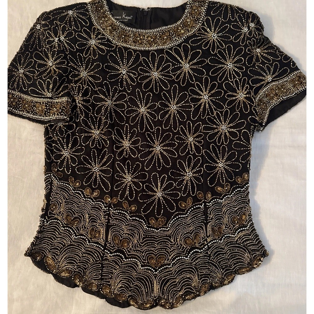 Laurence Kazar Vintage Beaded Silk Top Small Black Gold Sequin Evening Party